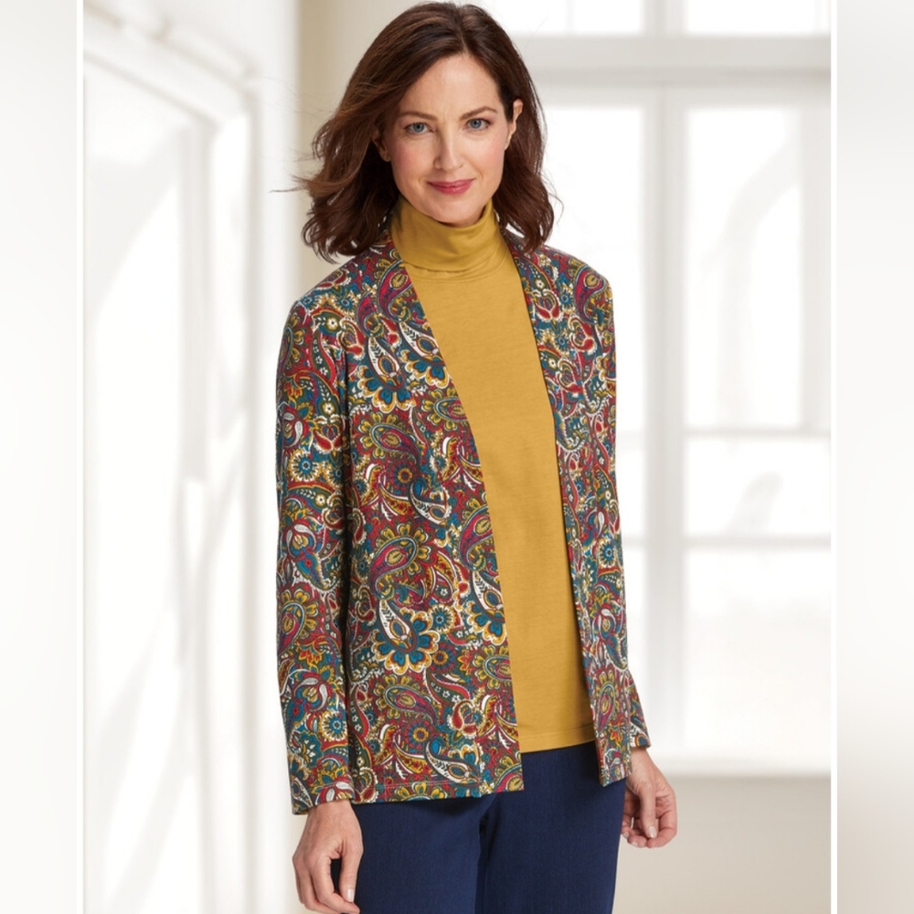 Appleseed's Claire Everyday Knit Red Blue Paisley Open Front Cardigan Size Large